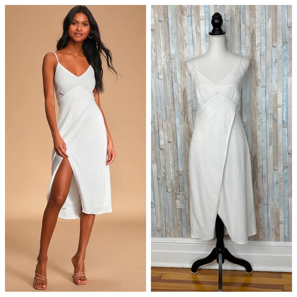 Lulus L Plisse Pleated View‎ and I White Tie-Back Faux-Wrap Midi Dress Bridal